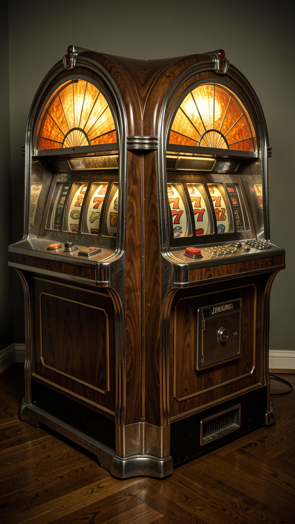 Restored Jennings Century console slot machine in walnut workshop